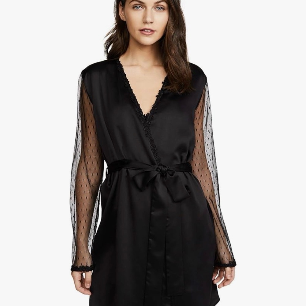 Flora Nikrooz Black Satin Robe with Sheer Dotted Mesh Sleeves Showstopper Robe